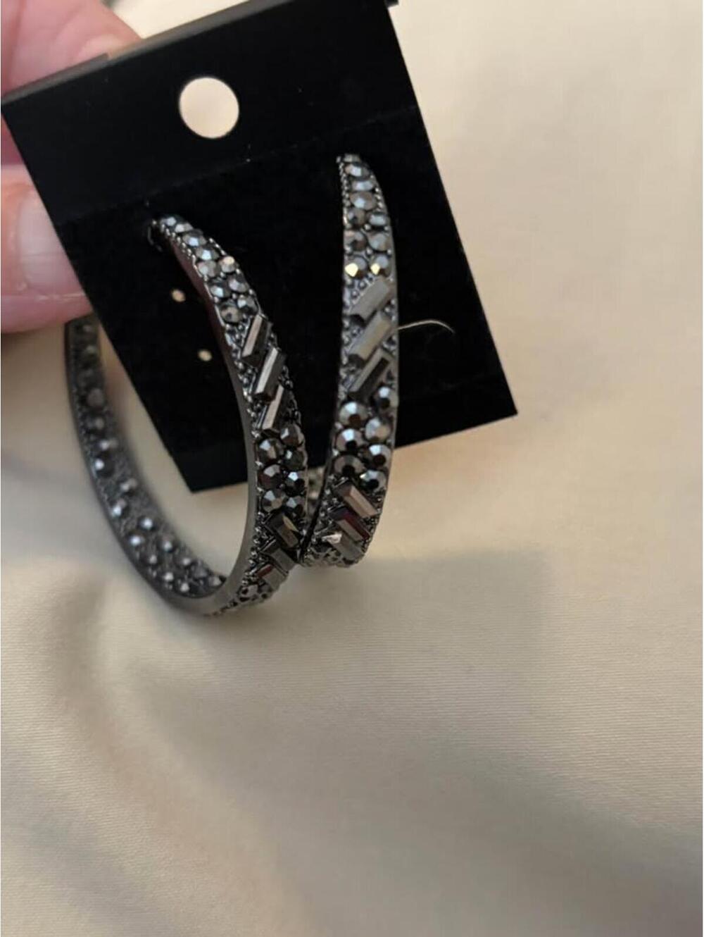 Gunmetal Rhinestone Hoop Earrings